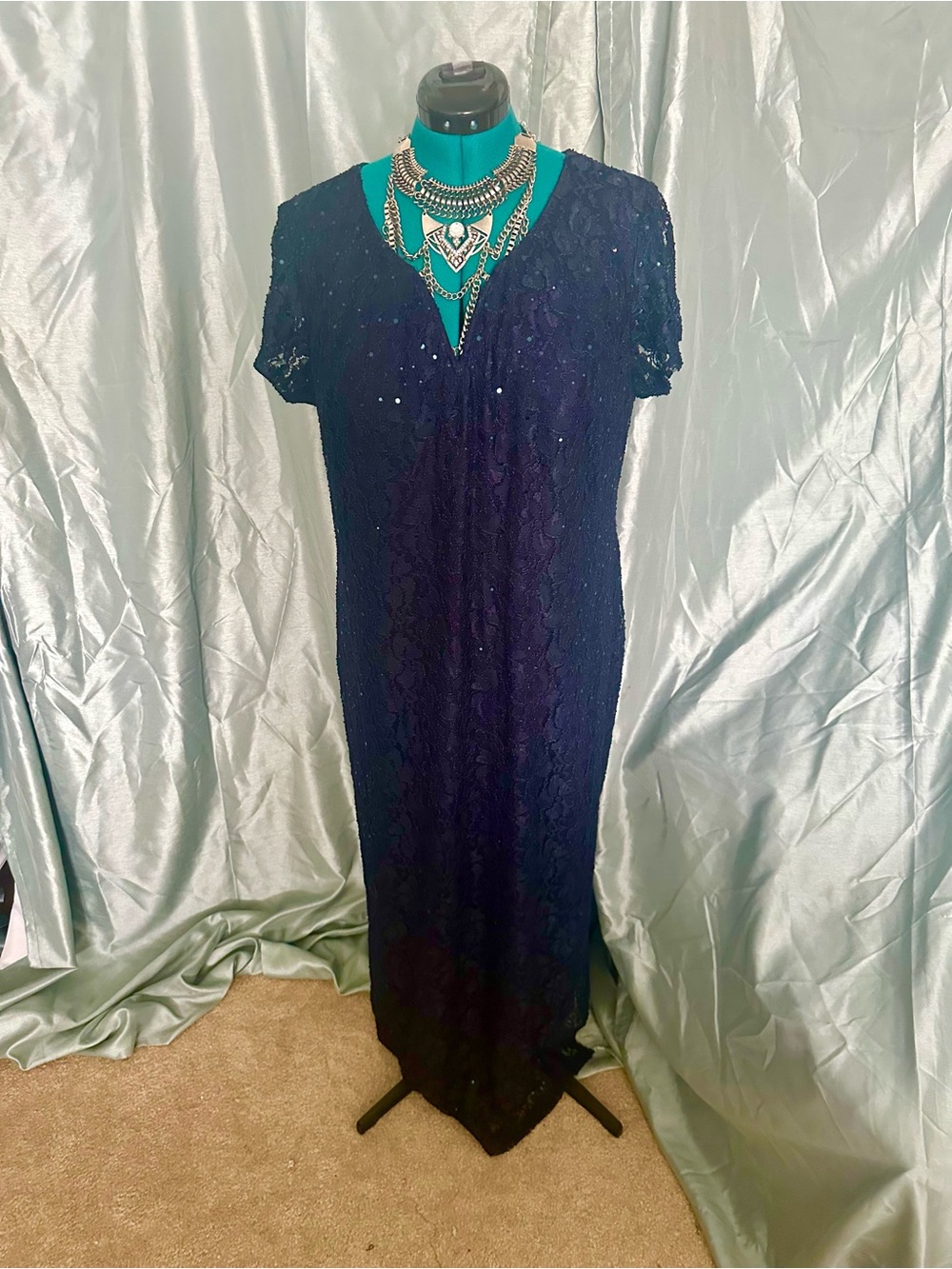 connected apparel Navy Lace & Sequin V-Neck Maxi Dress with Short Sleeves